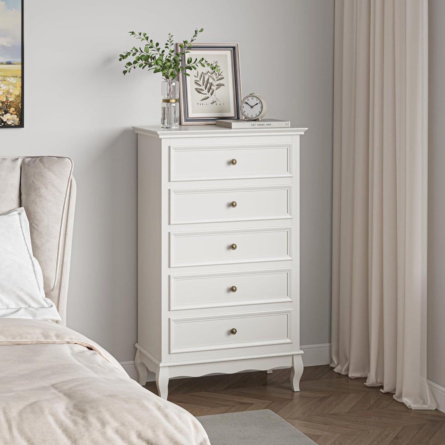 CozyHome White Dresser for Bedroom, Modern 5 Drawer Dresser, Wood Rustic Tall Chset of Drawers, Storage Dressers Organizer for Bedroom,Hallway