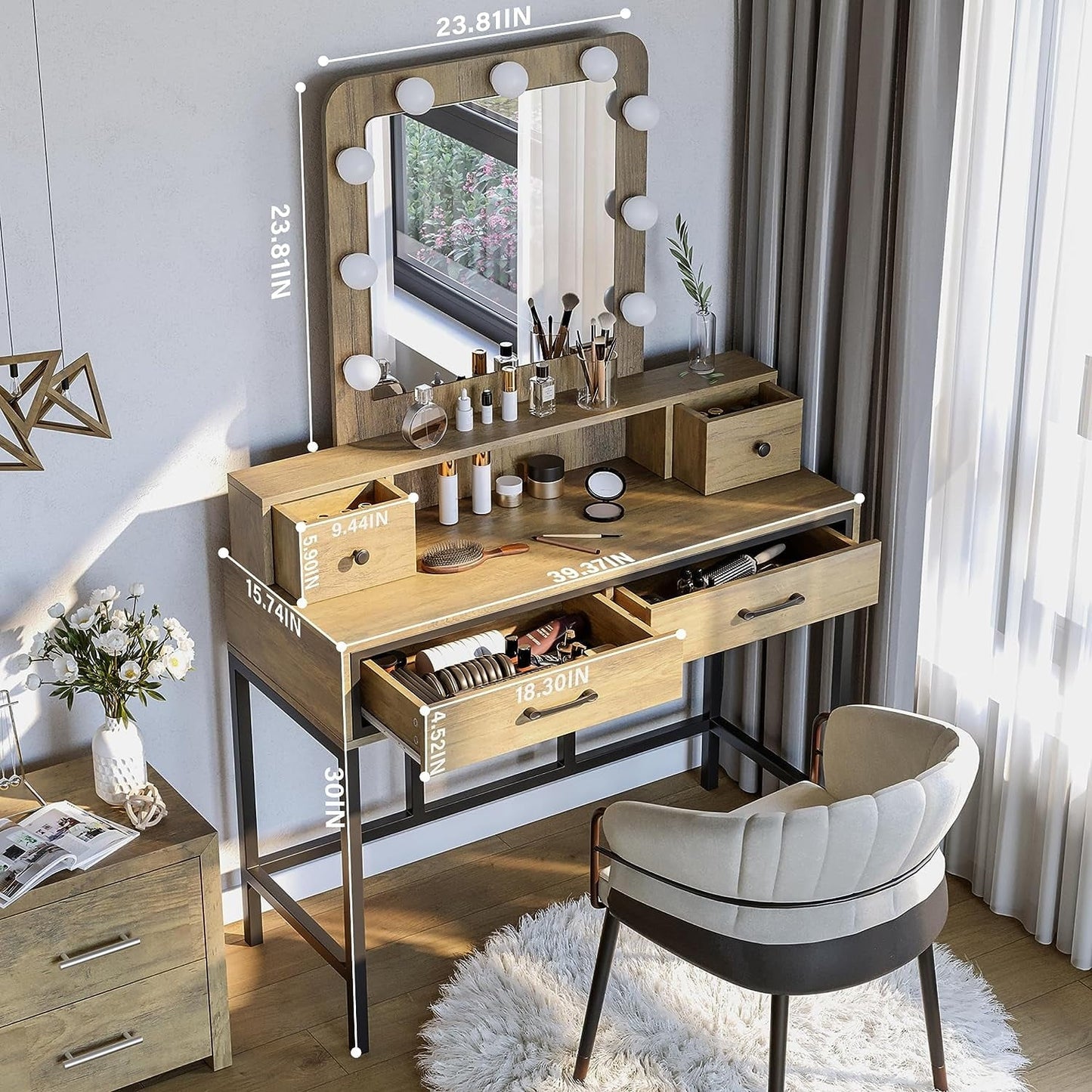 Royalcraft Makeup Vanity Table Set with Sliding Lighted Mirror