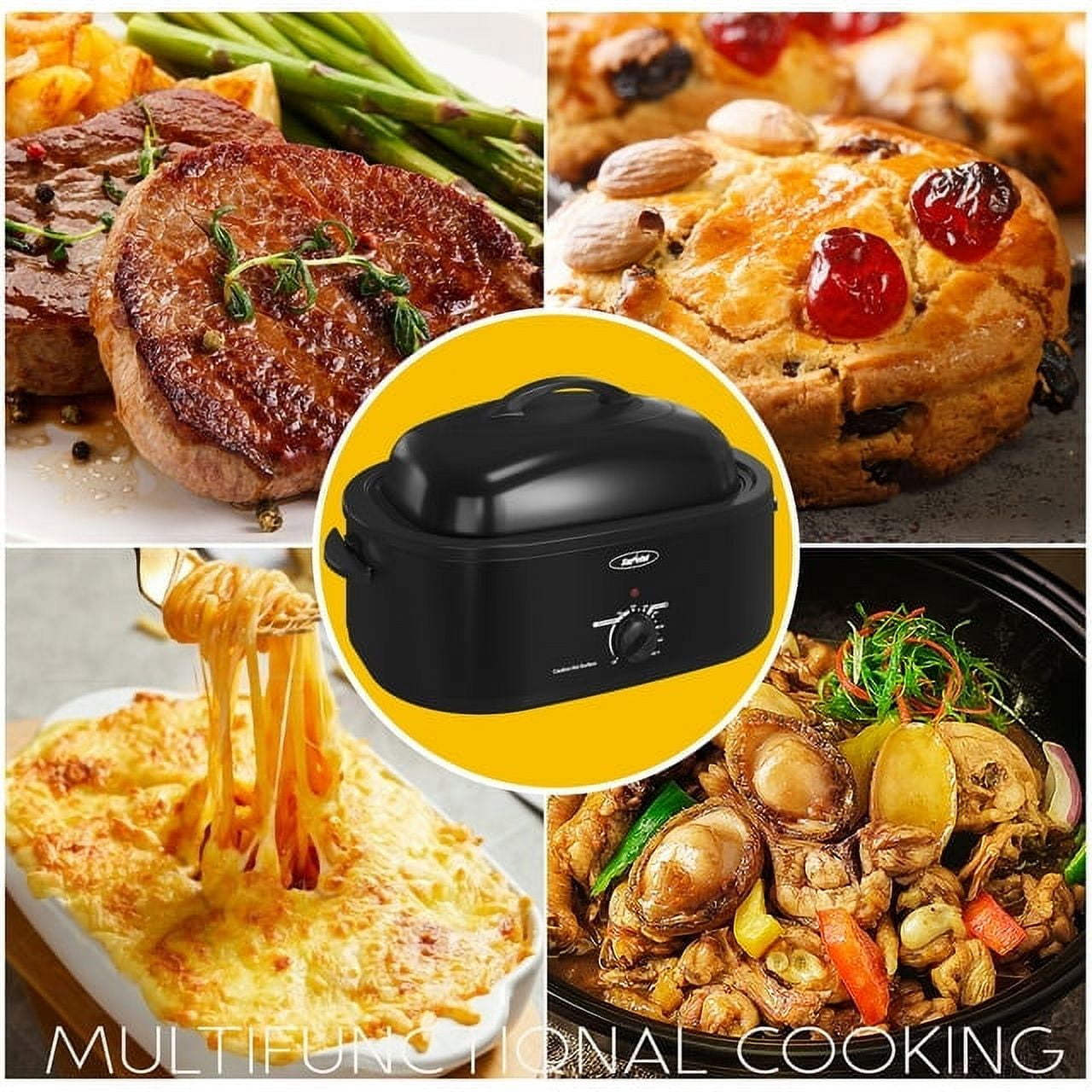 Sunvivi 22 Quart Electric Turkey Roaster Oven with Visible Glass Lid,Removable Pan & Rack, Stainless Steel,White