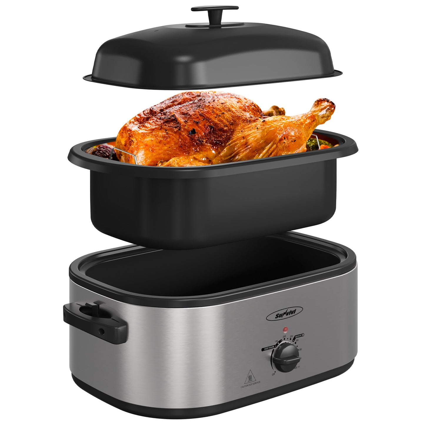 Electric Roaster Oven, 20 QT Roaster with Self-Basting Lid and Buffet Server, Turkey Roaster Oven with 150-450°F Full-Range Temperature Control, Removable Pan & Rack, Stainless Steel, Silver
