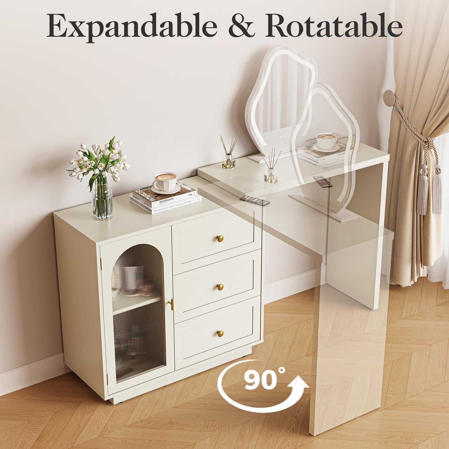 CozyHome Makeup Vanity Desk, Extendable Corner Vanity Makeup Table with 3 Drawers & 1 Door, Modern Dressing Table for Bedroom, Vanities for Women/Girls Bedroom (without Mirror)