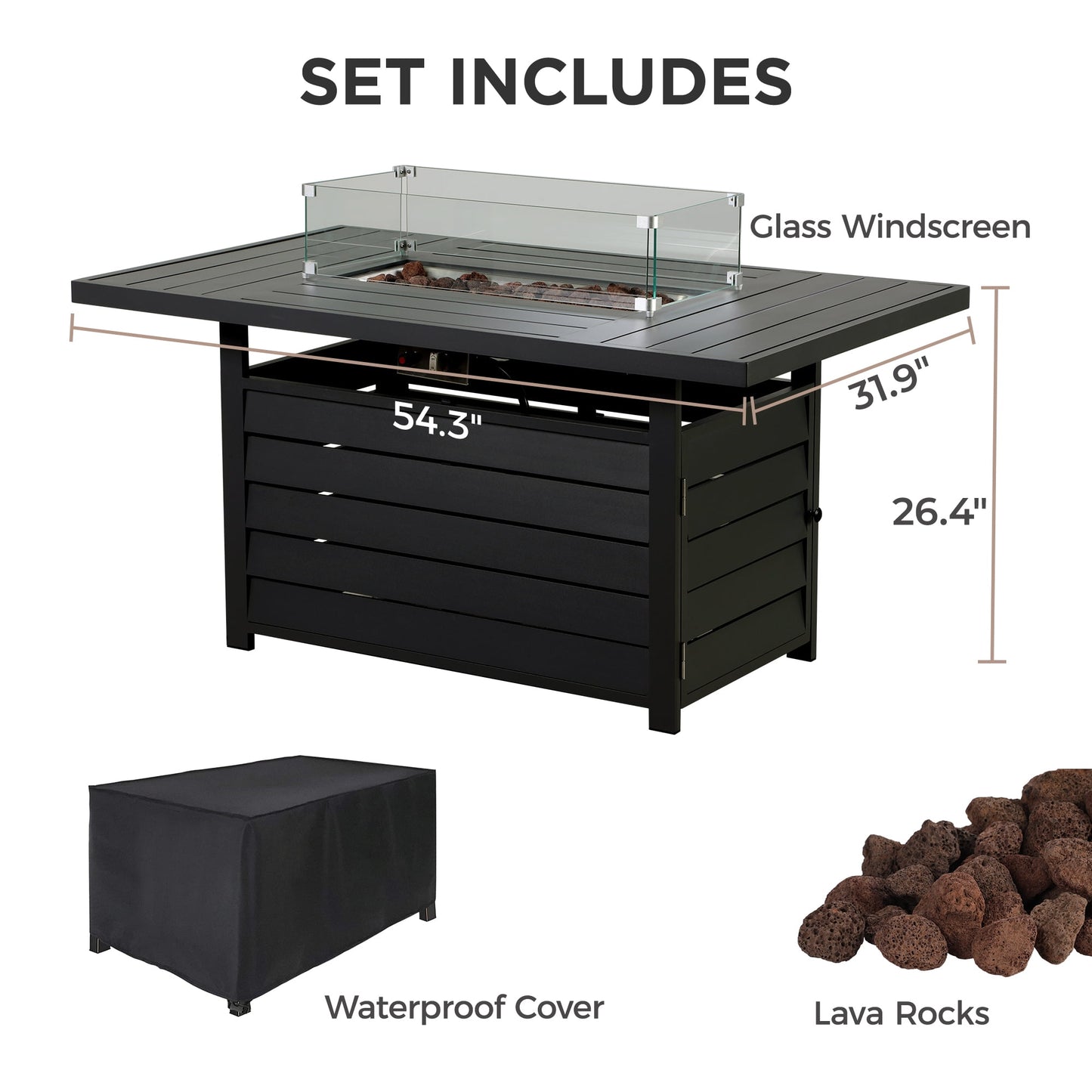 Superjoe 54.3" Patio Aluminum Fire Pit Table, 50000 BTU CSA Certified Propane Gas Outdoor Fire Table, Rectangular Fire Table w/Stainless Burner, Lava Rock, Waterproof Cover, Black