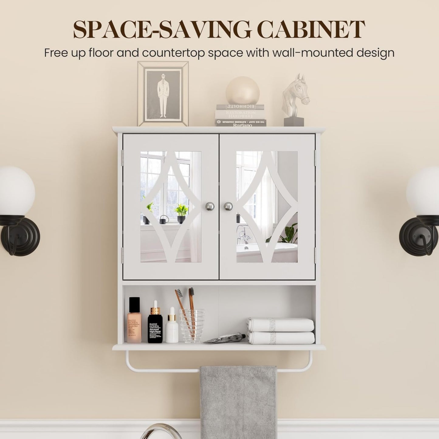 CozyHome Bathroom Medicine Cabinet with Mirror, Vanity Wall Mounted Storage Cabinet with Adjustable Shelves and Towel Bar, Hanging Wall Cabinet for Bathroom, Laundry, Living Room, White
