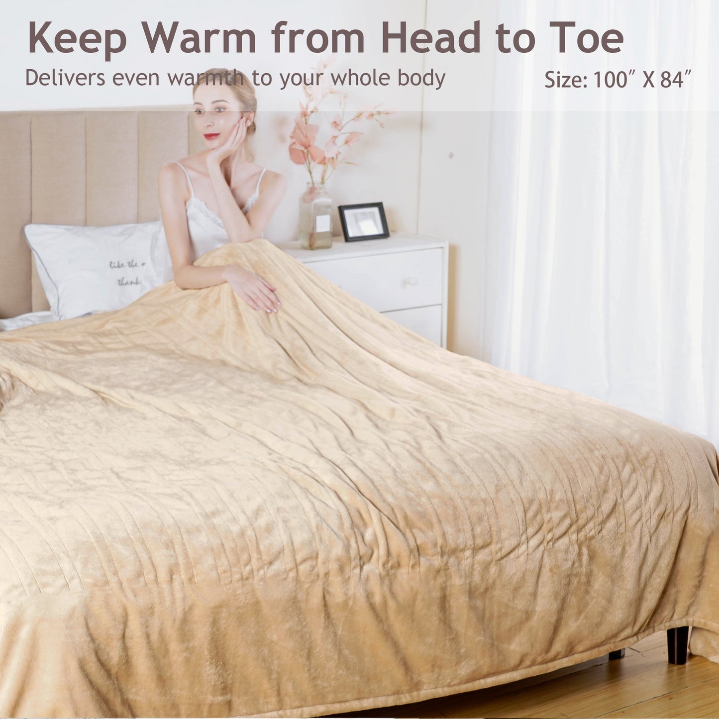 Superjoe Electric Blankets King Size 100'' x 90'' Heated Blankets with Dual Controllers, 10 Heat Settings Auto-off Timer Throw Blanket, Beige Warm Gifts