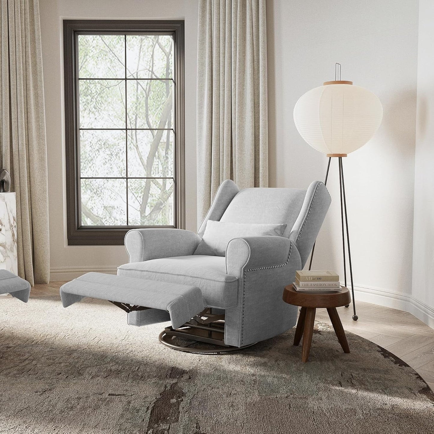 CozyHome Swivel Recliner Chair, Comfy Glider Rocking Chairs with Lumbar Pillow and Footrest, Upholstered Swivel Rocking Chair for Bedroom,Nursery, Grey