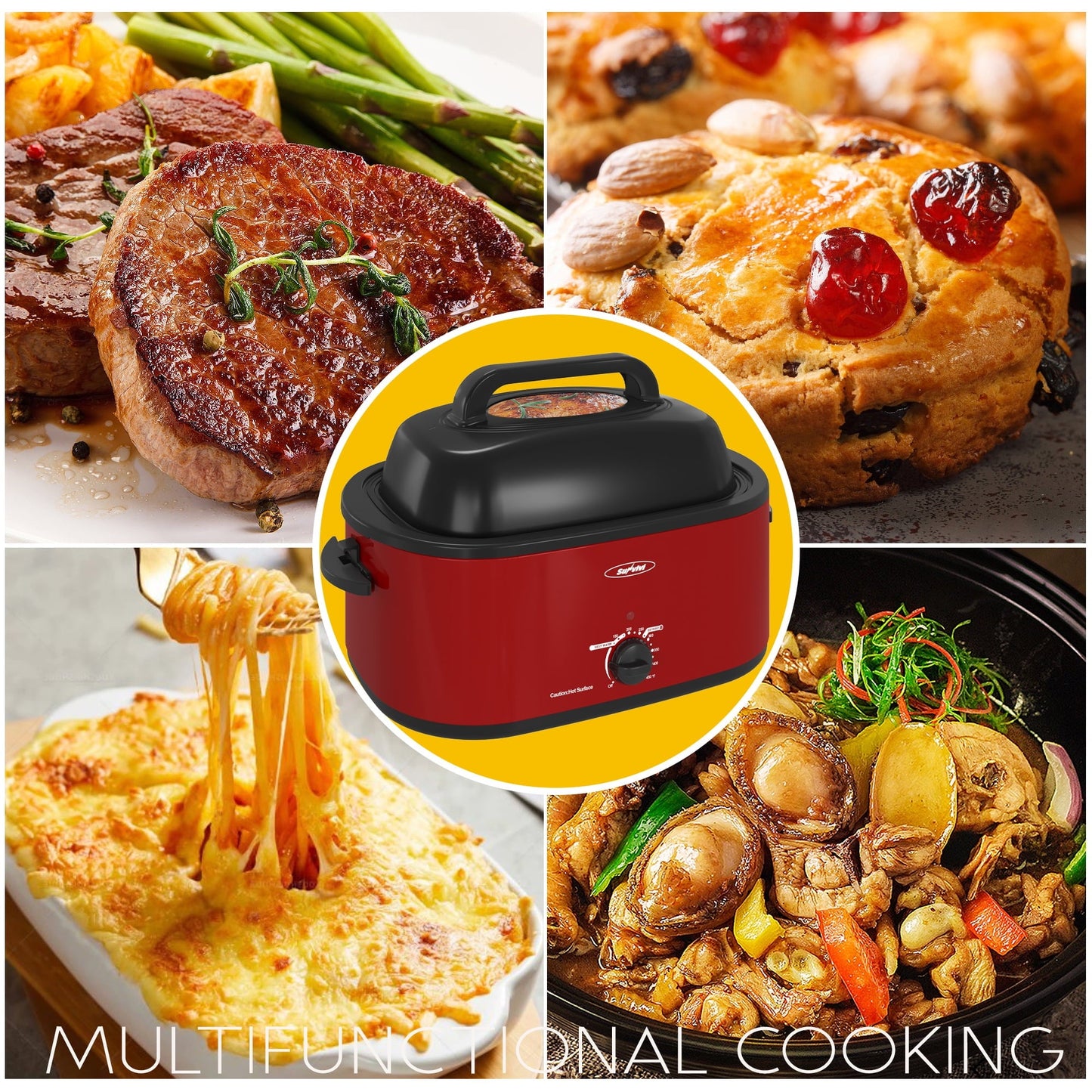 Sunvivi 22 Quart Electric Turkey Roaster Oven with Visible Glass Lid,Removable Pan & Rack, Stainless Steel,White