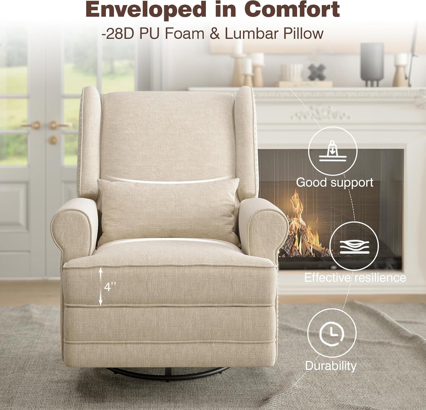 CozyHome Swivel Recliner Chair, Comfy Glider Rocking Chairs with Lumbar Pillow and Footrest, Upholstered Swivel Rocking Chair for Bedroom,Nursery, Beige